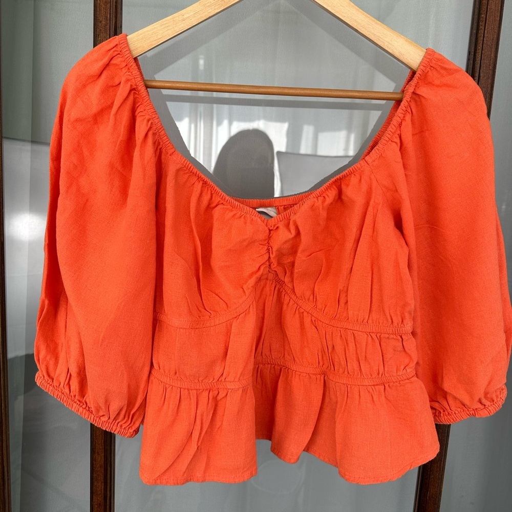 A New‎ Day Puff Elbow Sleeve Linen Shirt Orange Size Large Cropped Milkmaid
